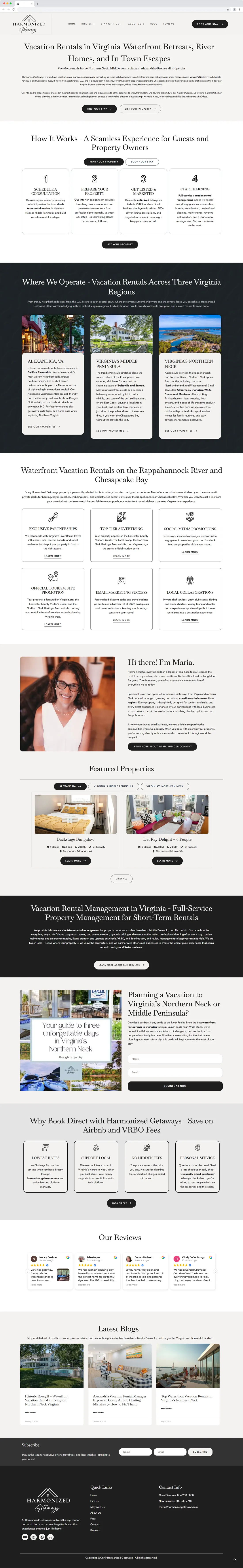 The Harmonized Getaways homepage in 2023: centred serif headings, long text blocks and region cards