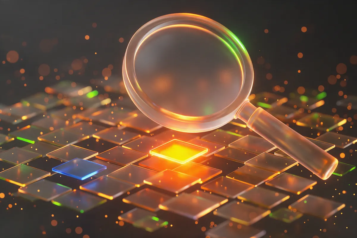 A frosted glass lens over an amber grid of page tiles, one tile lit brighter than the rest