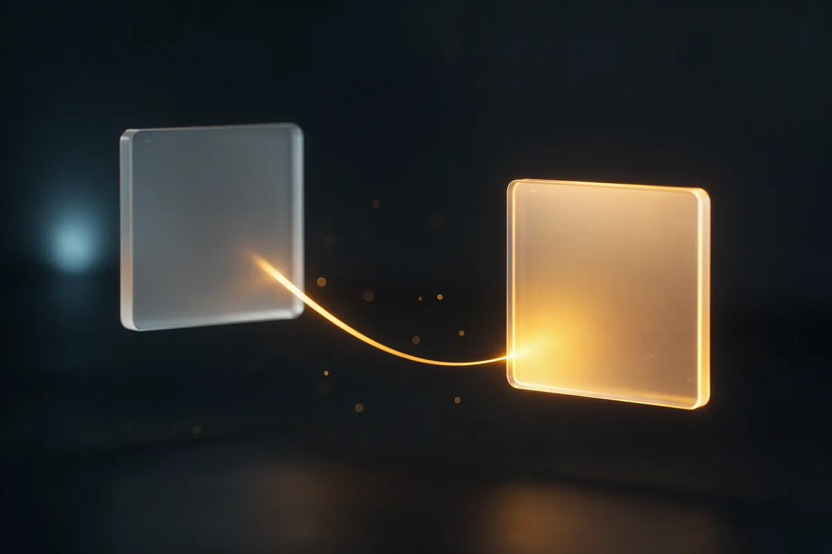 Two identical glass page tiles, one faded, joined by an arc of light pointing to the original