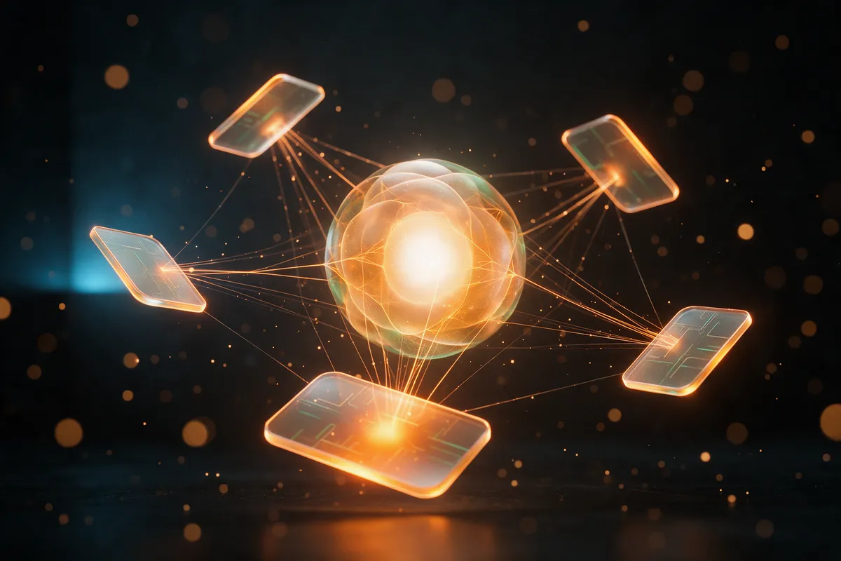 A glowing orb weaving amber threads from several glass source cards into one new card