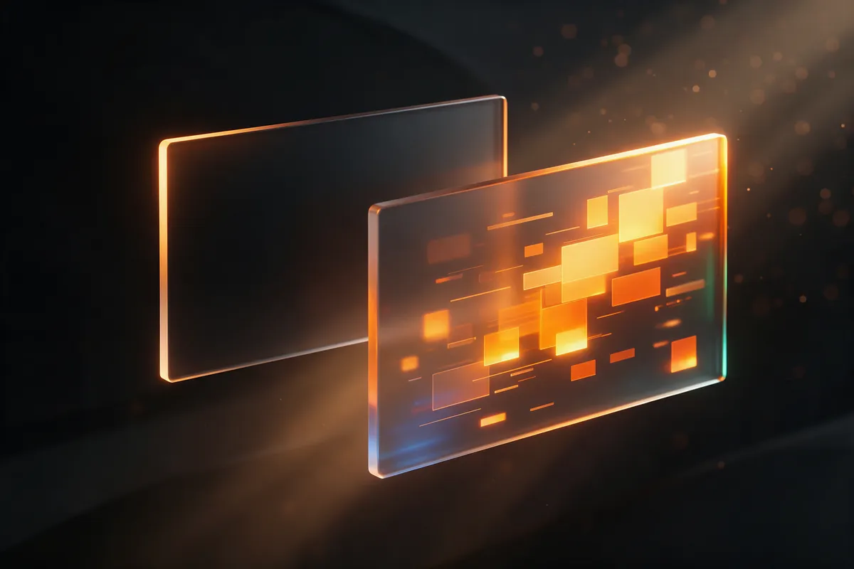 Two glass panels, the back one empty, the front one filling with amber blocks as the page renders