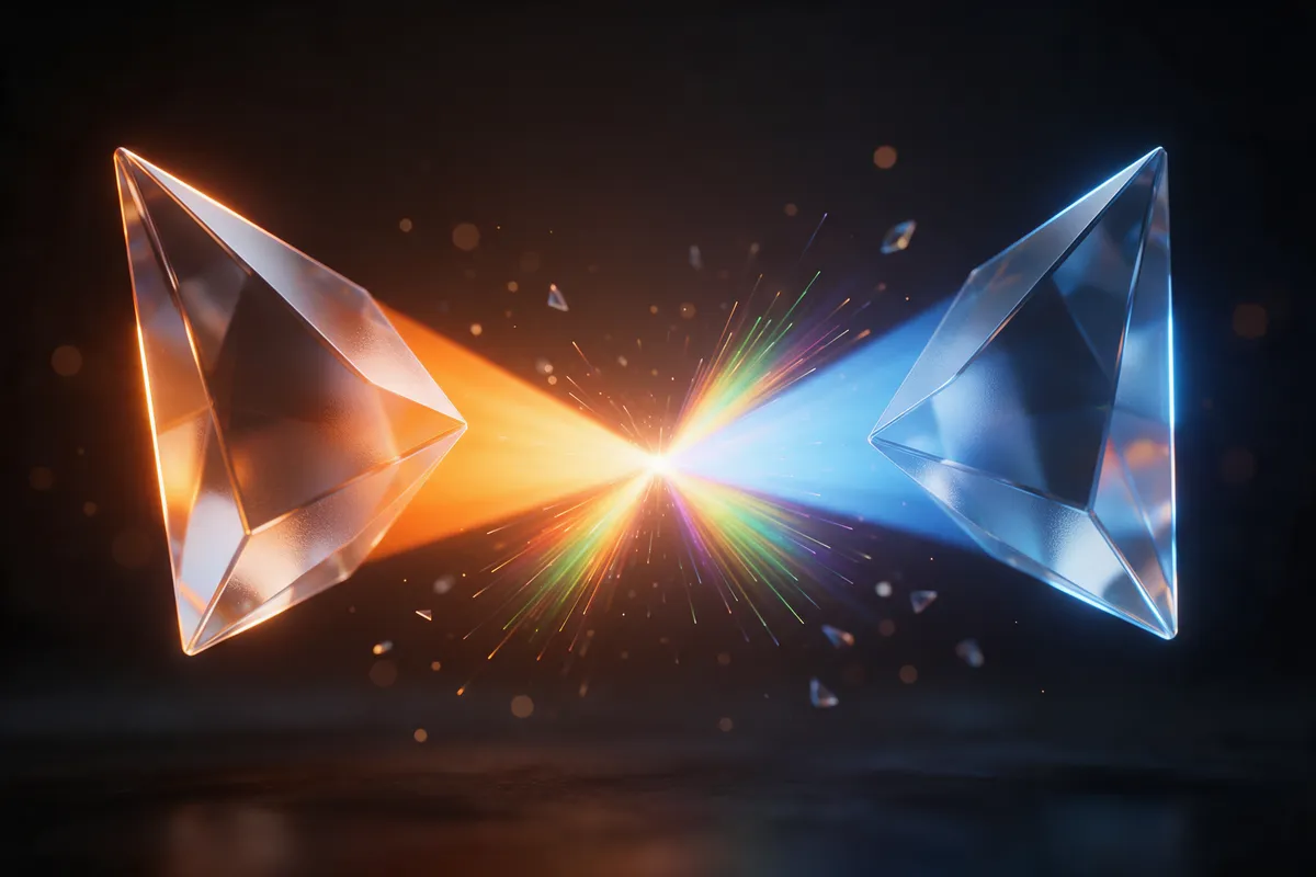 Two glass prisms, one amber and one blue, whose light beams collide at a single glowing point