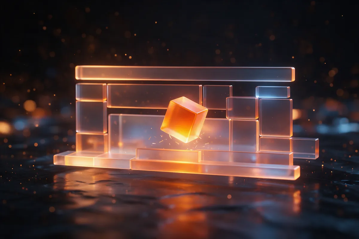 Frosted glass blocks snapping into a web page layout, one glowing as it slots into place