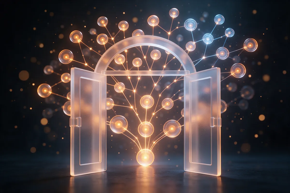 An open frosted glass gate in front of a glowing tree of connected glass nodes, like a site map