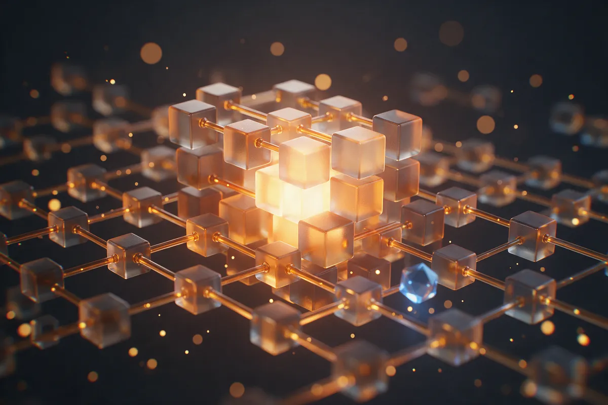 A lattice of frosted glass cubes connected by glowing amber rods in an ordered structure