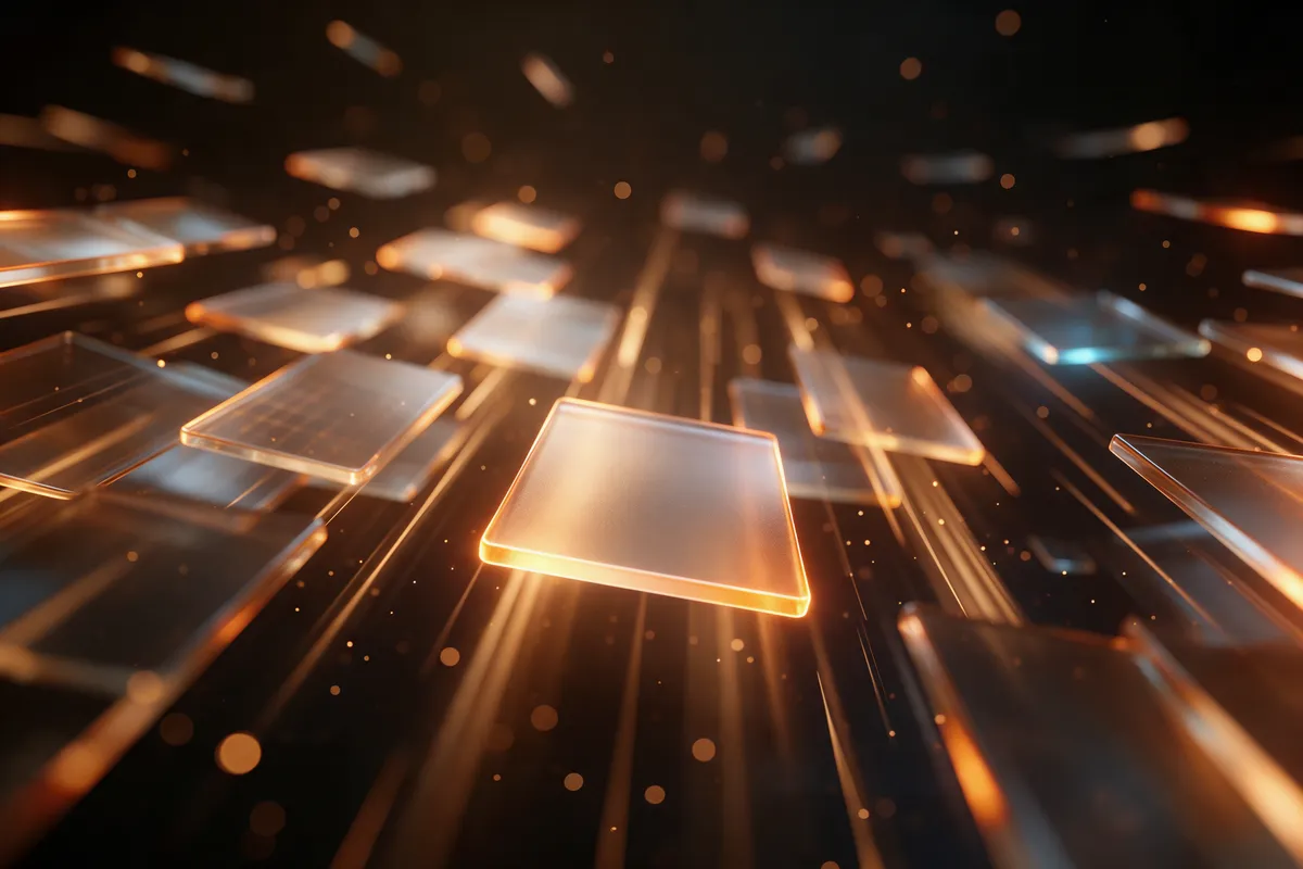 Glass page tiles rushing forward through the dark with long amber light trails behind them